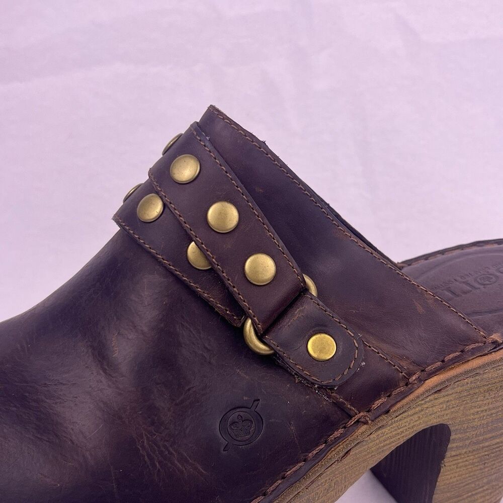 Born Brown Leather Platform Mules Chunky High Heel Clogs Studded Buckle Size 11 - Picture 8 of 16
